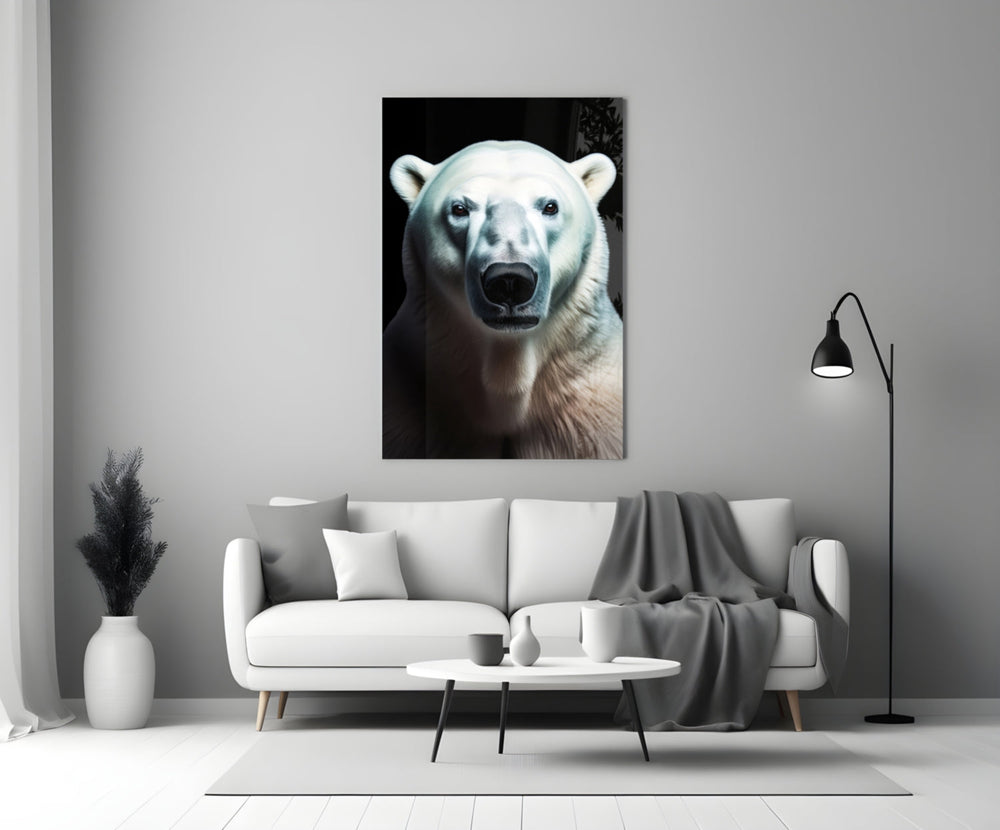 Close-up detail of the polar bear face behind glass