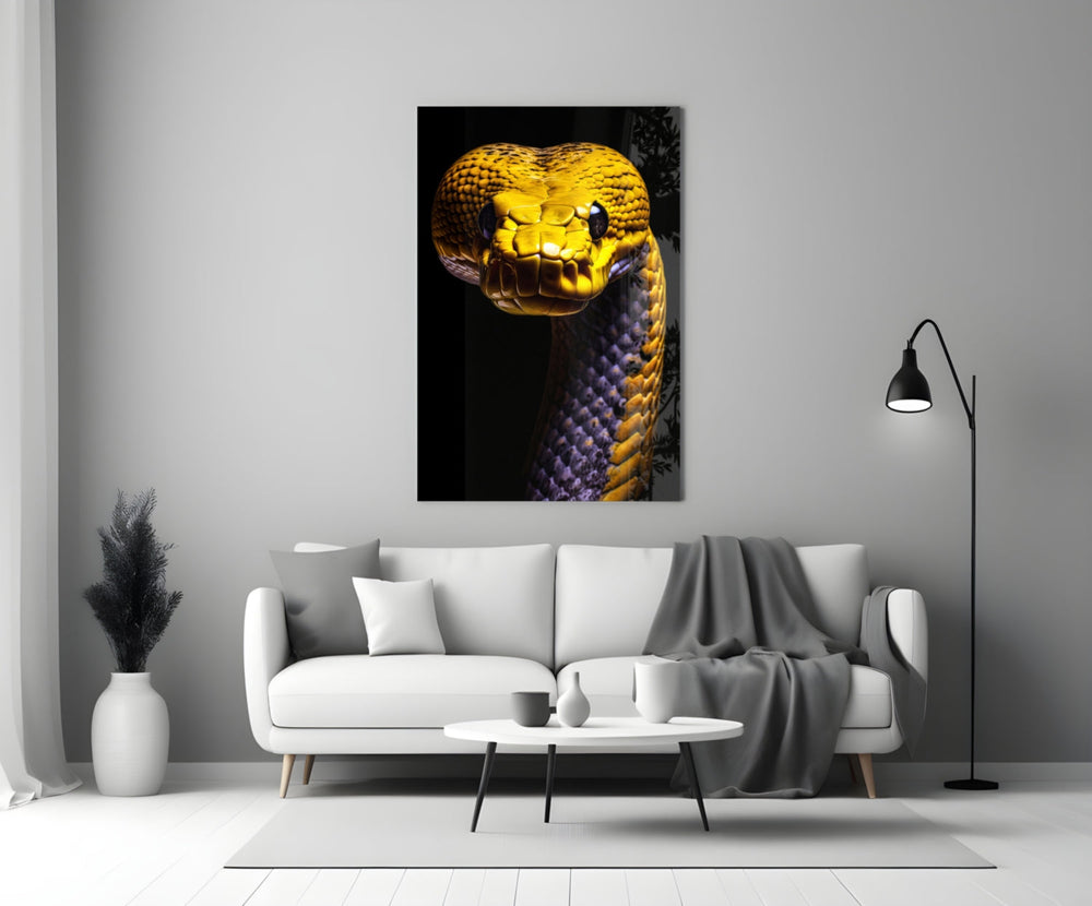 Close-up detail of the yellow snake head behind glass