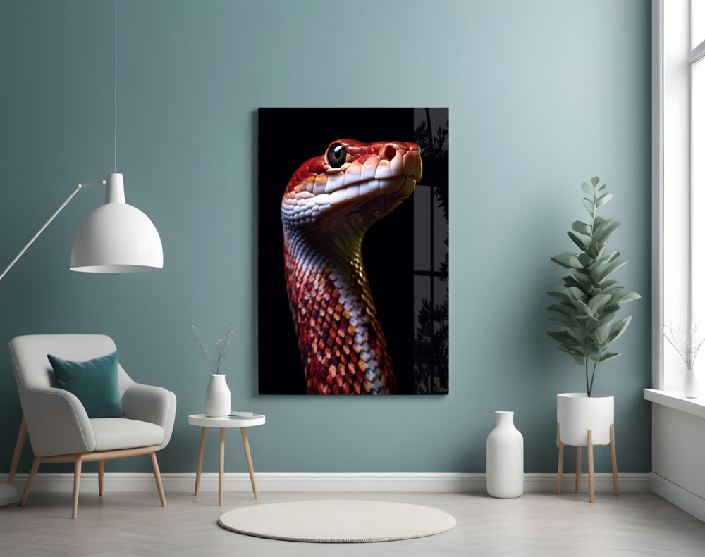 Serpent portrait artwork styled in an executive office