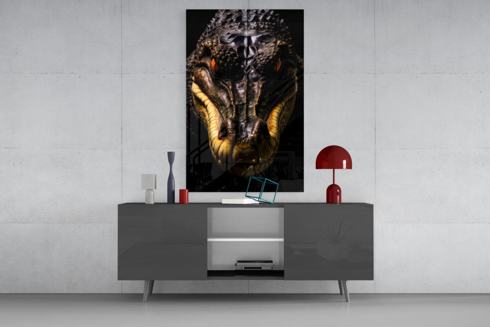Hunter in the Eyes glass wall art catching light to reveal its armored hide