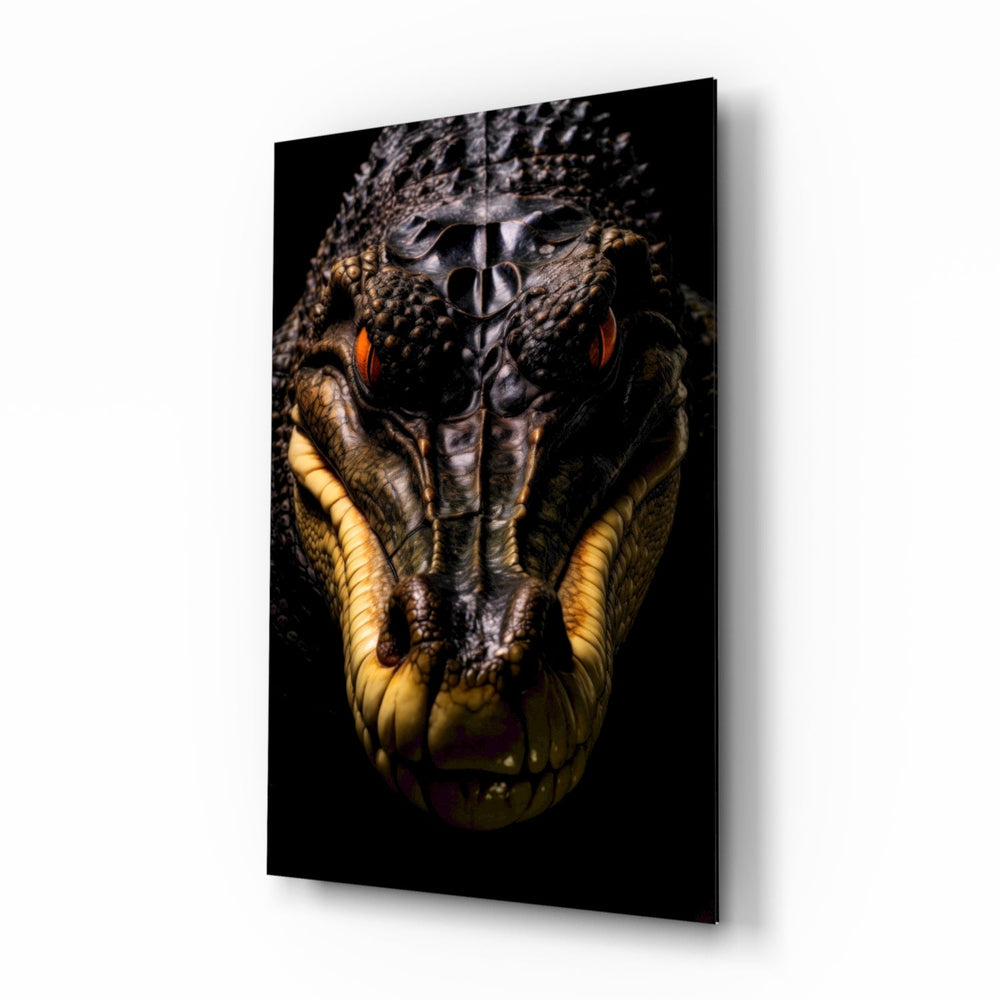 Hunter in the Eyes caiman glass wall art in a modern study