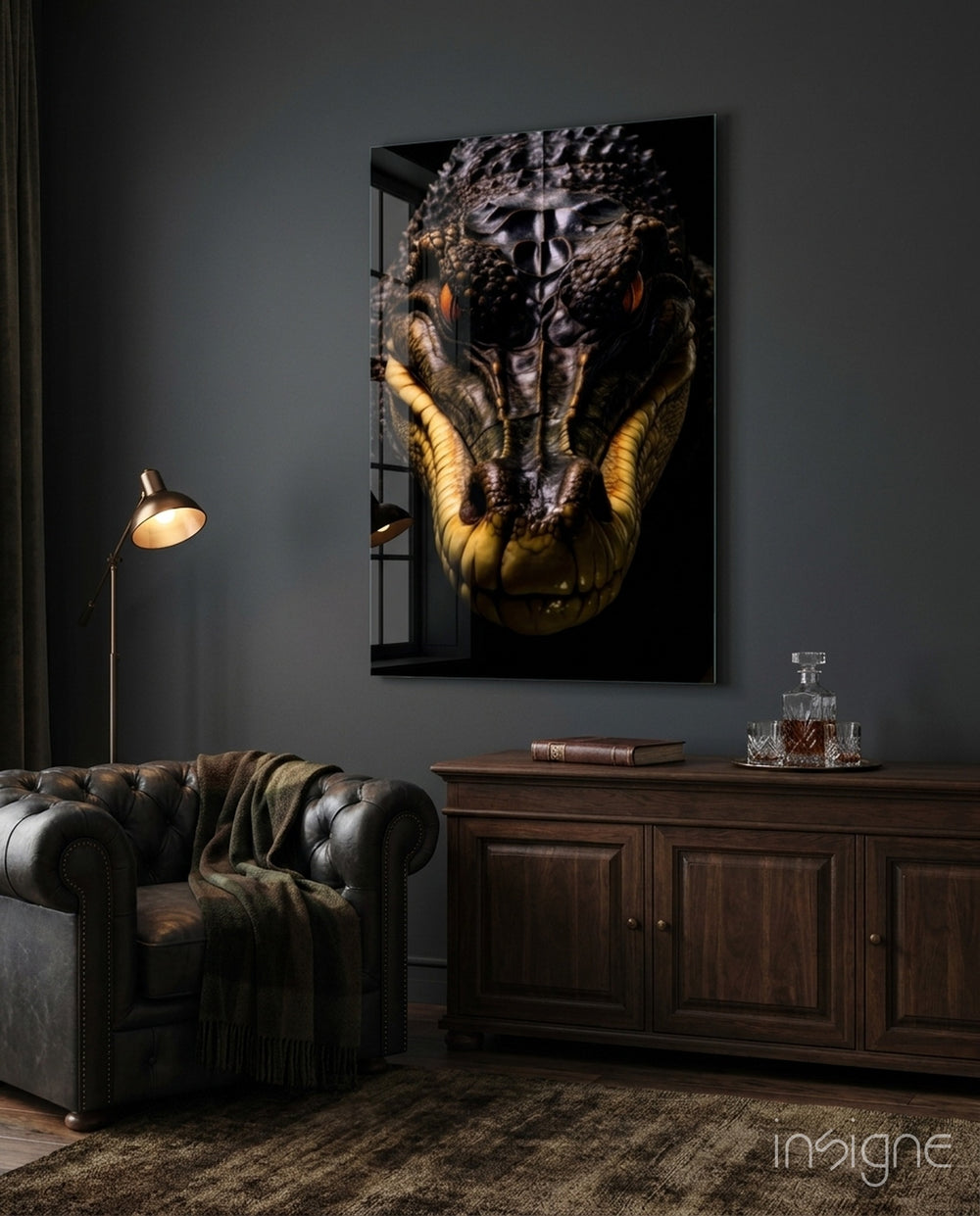 The Hunter in the Eyes Glass Wall Art || Designer Collection - Lifestyle preview in a designer interior