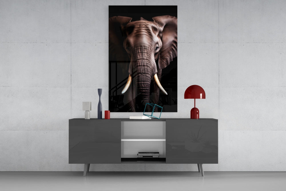 Wise Elephant glass wall art catching light to reveal its hide texture