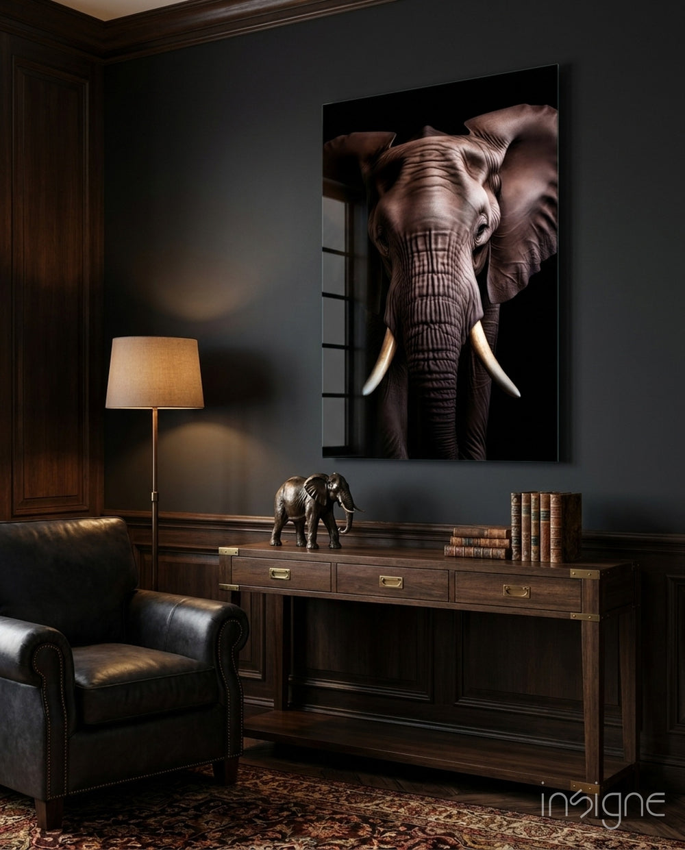 The Wise Look of the Elephant Glass Wall Art || Designer Collection - Lifestyle preview in a designer interior
