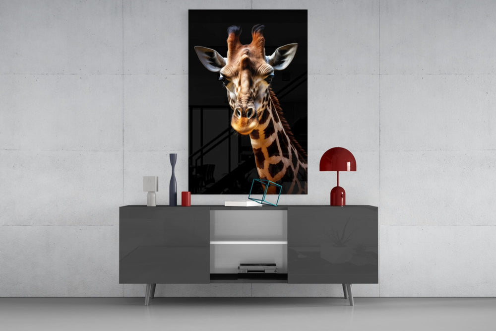 Gentle Giraffe glass wall art catching light to reveal its coat detail