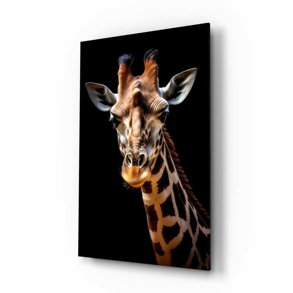 Gentle Giraffe wildlife glass wall art in a modern study