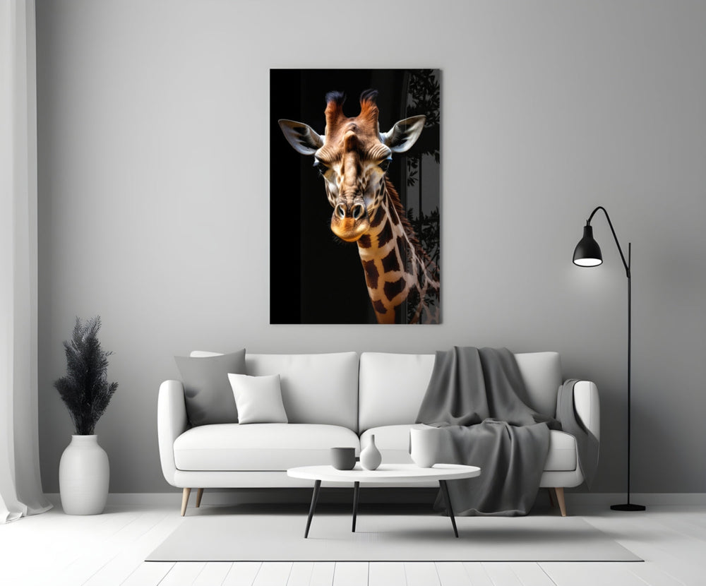 Close-up detail of the giraffe face and patterned coat behind glass