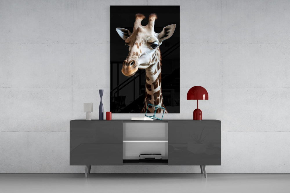 Light Giraffe glass wall art catching light to reveal its coat detail