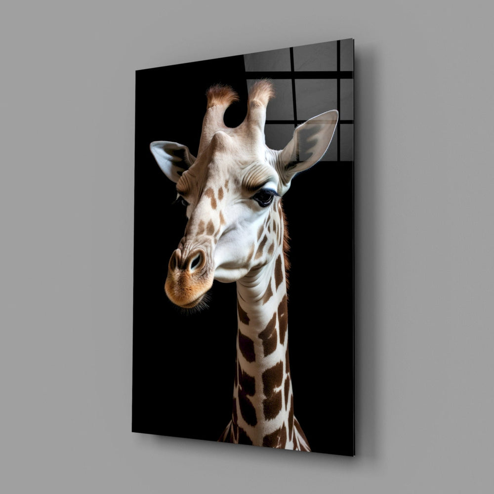 Designer-collection giraffe panel anchoring a master bedroom wall