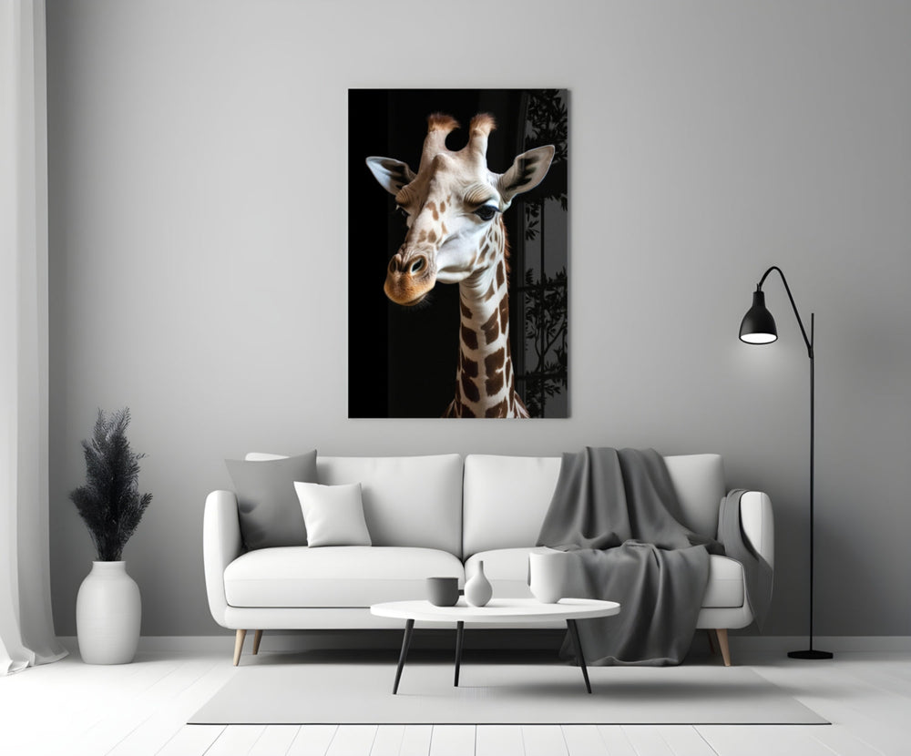 Close-up detail of the pale giraffe coat and ossicones behind glass