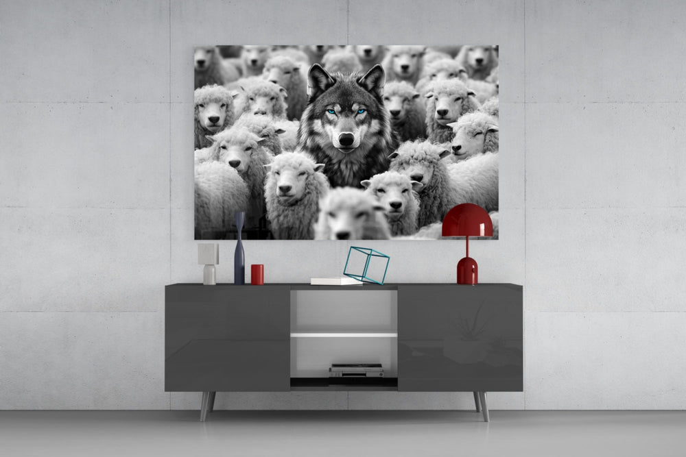 Wolf in Sheep's Clothing glass wall art catching light to reveal its selective color