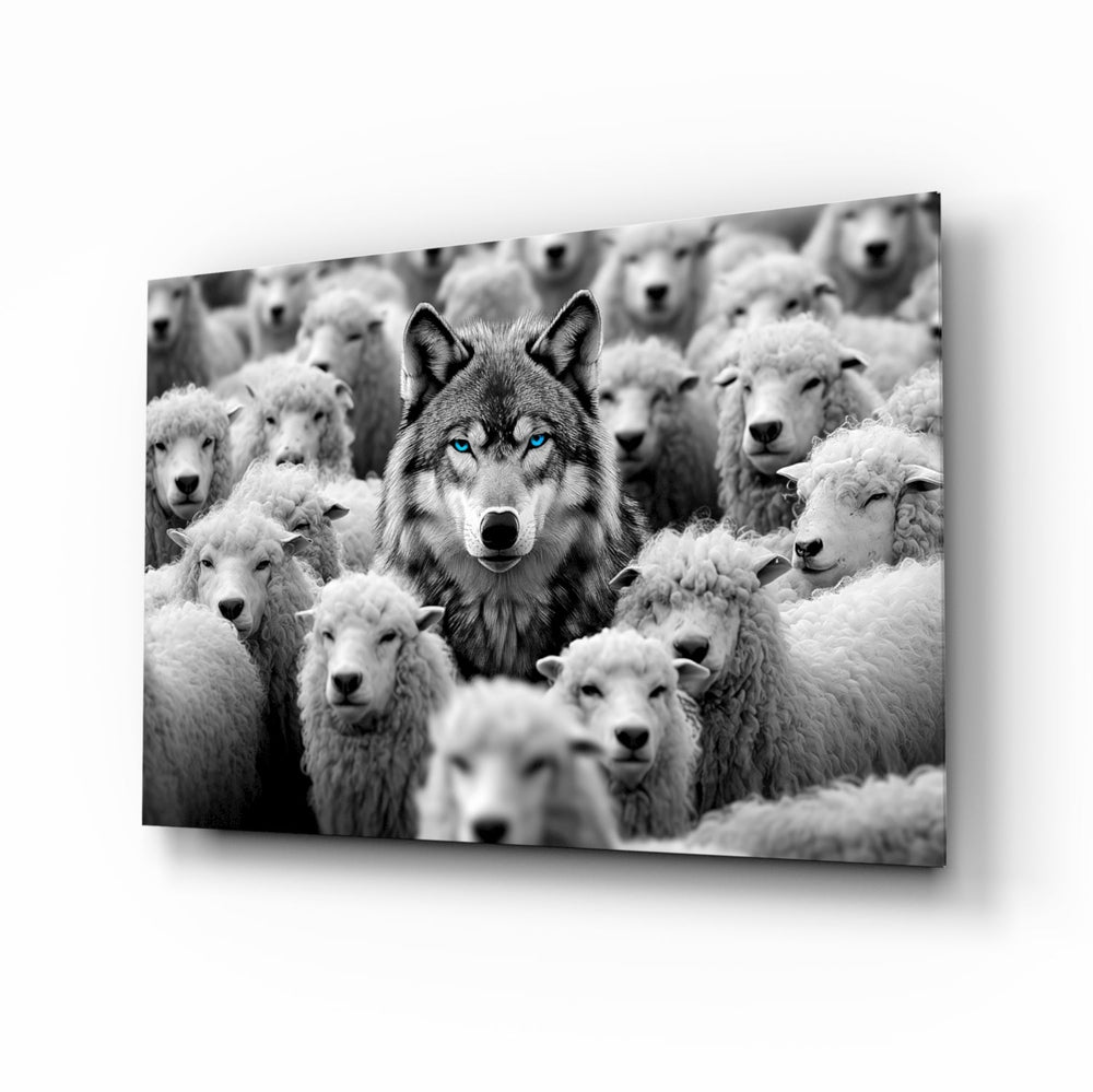 Wolf in Sheep's Clothing allegory glass wall art in a modern study