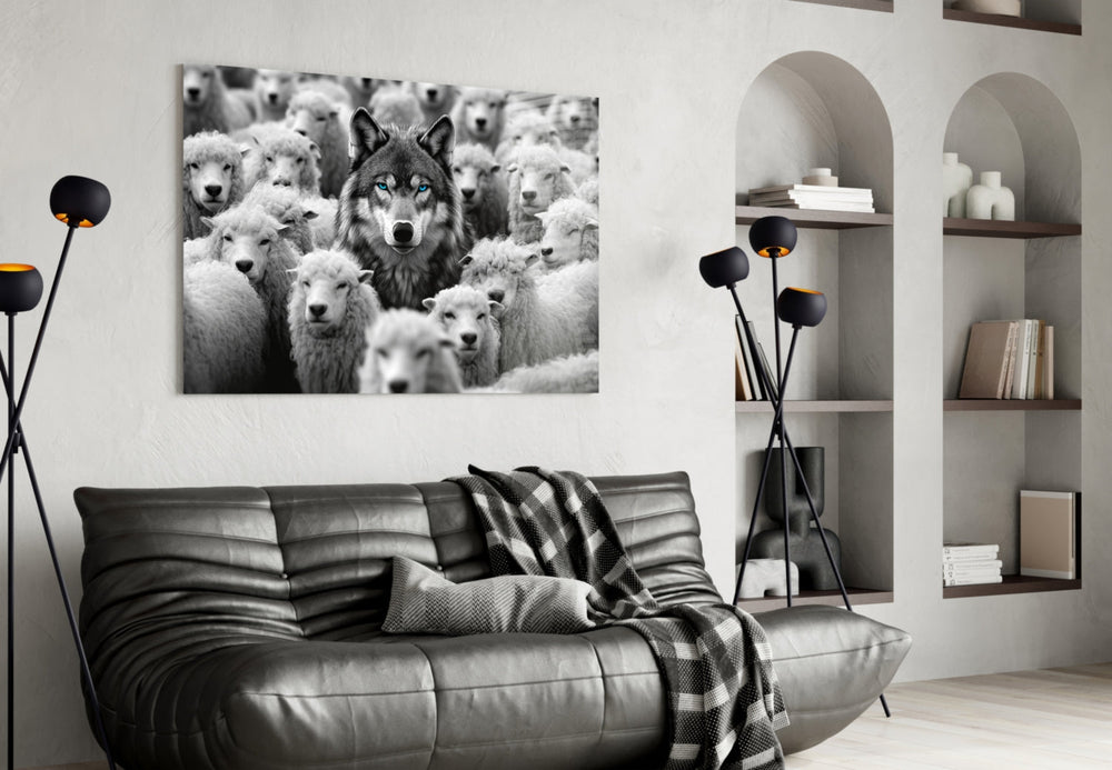 Wolf-and-sheep artwork styled in a wood-paneled library