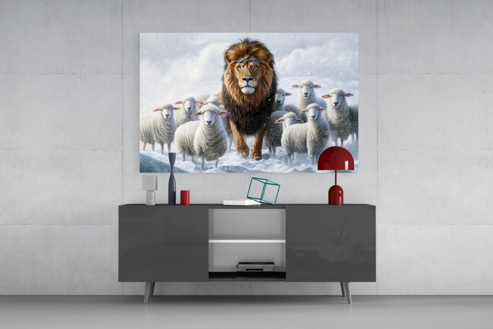 Lion and the Lambs glass wall art catching light to reveal its painted snowfall