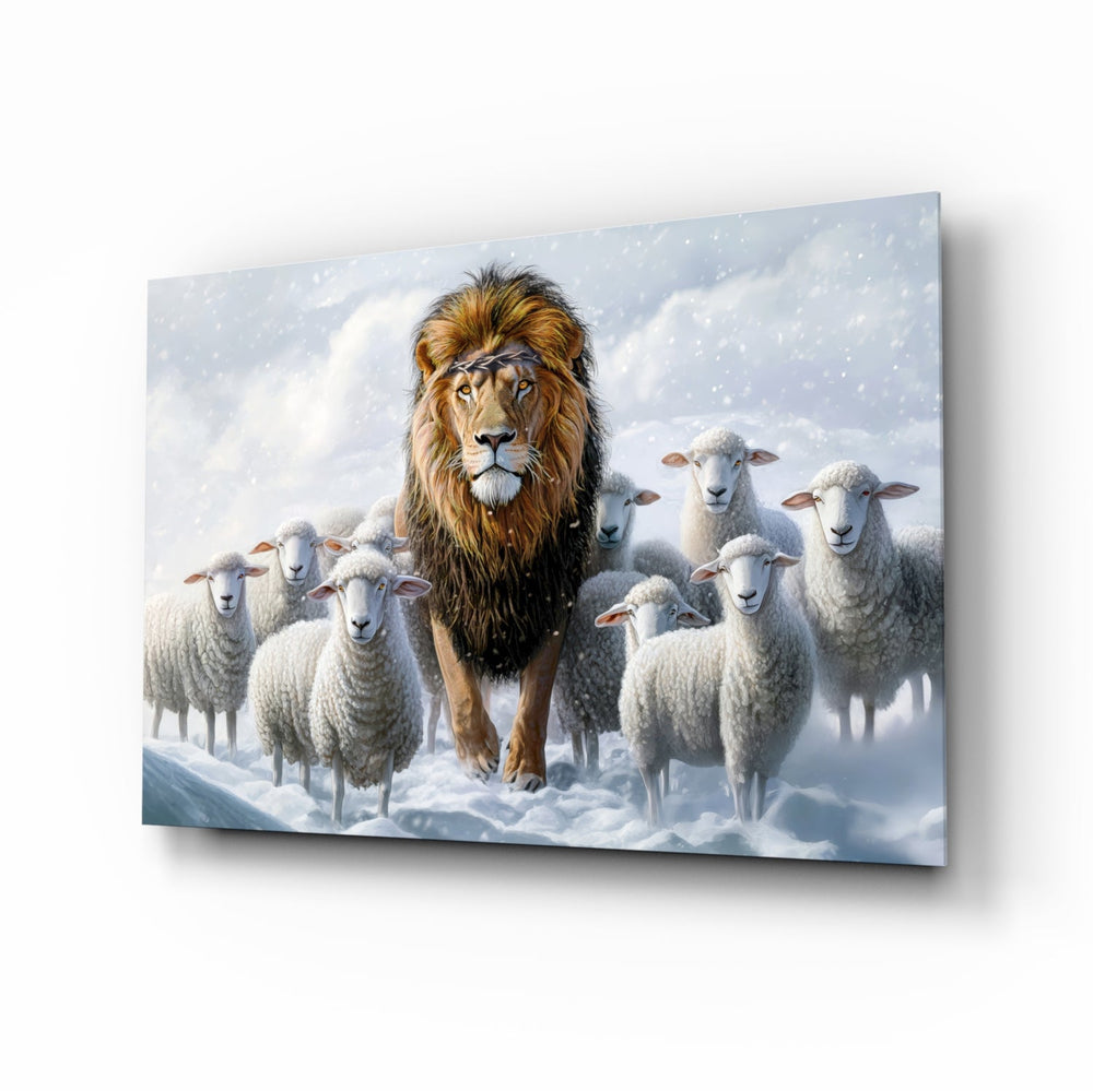 Lion and the Lambs allegory glass wall art in a modern study