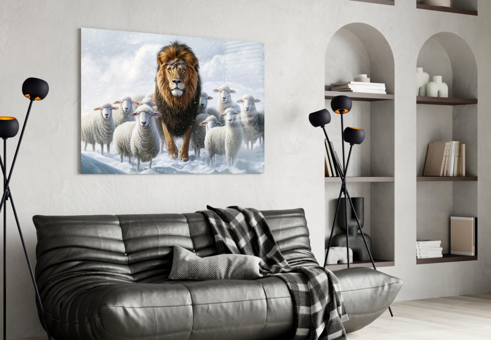 Lion-and-lambs artwork styled in a master bedroom