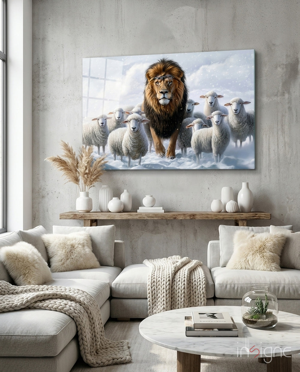 The Lion and the Lambs: Snowy Kingdom Glass Wall Art || Designer Collection - Lifestyle preview in a designer interior
