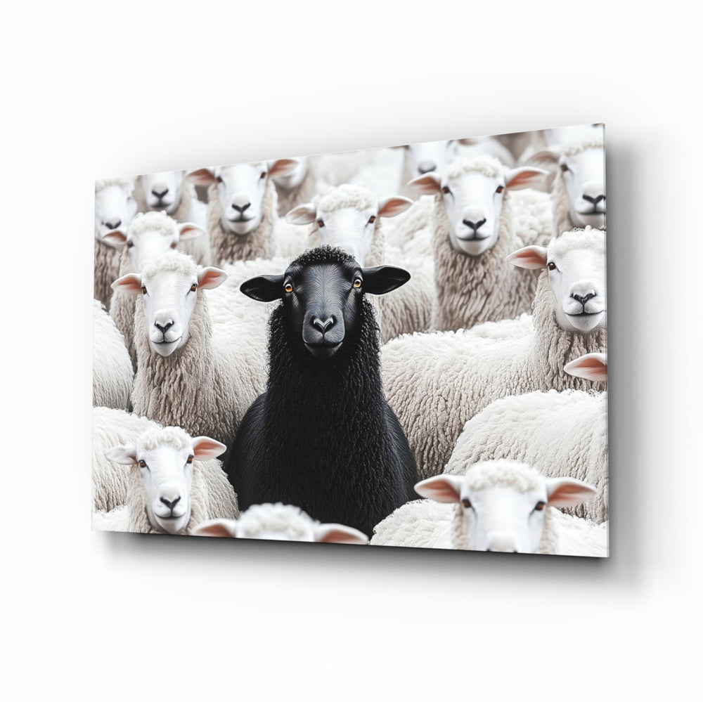 Black Sheep allegory glass wall art in a modern study