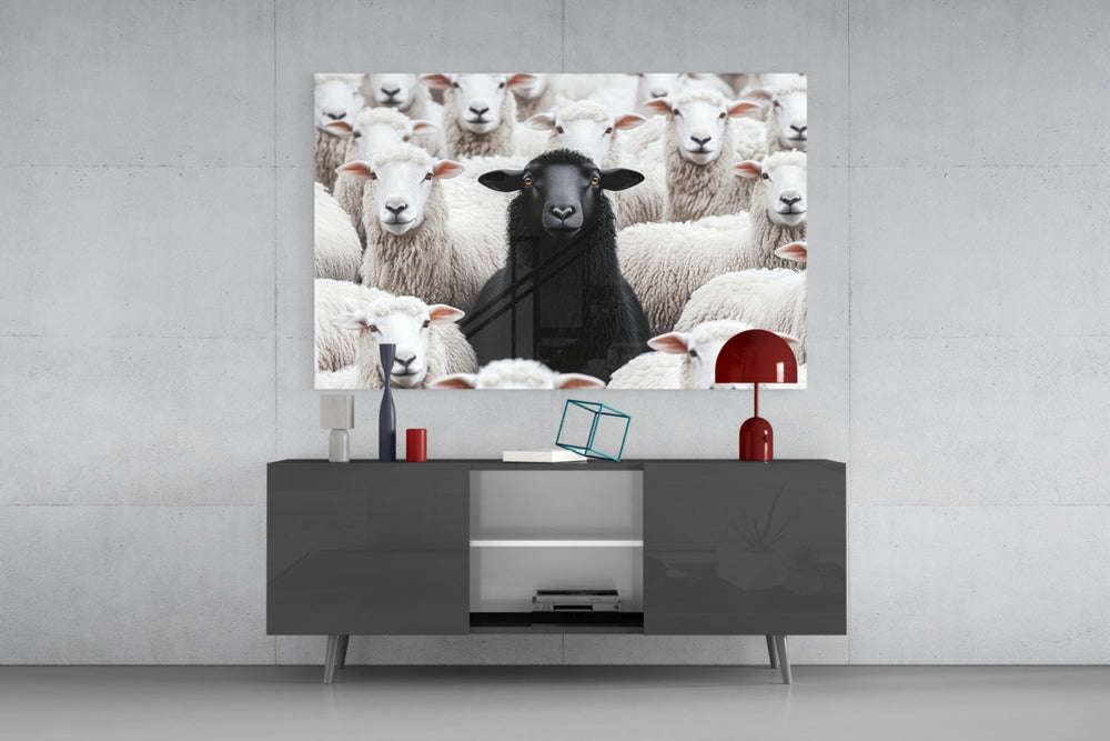 Black Sheep glass wall art catching light to reveal its photoreal wool