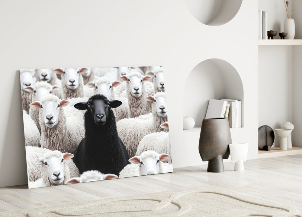 Close-up detail of the black sheep among the flock behind glass