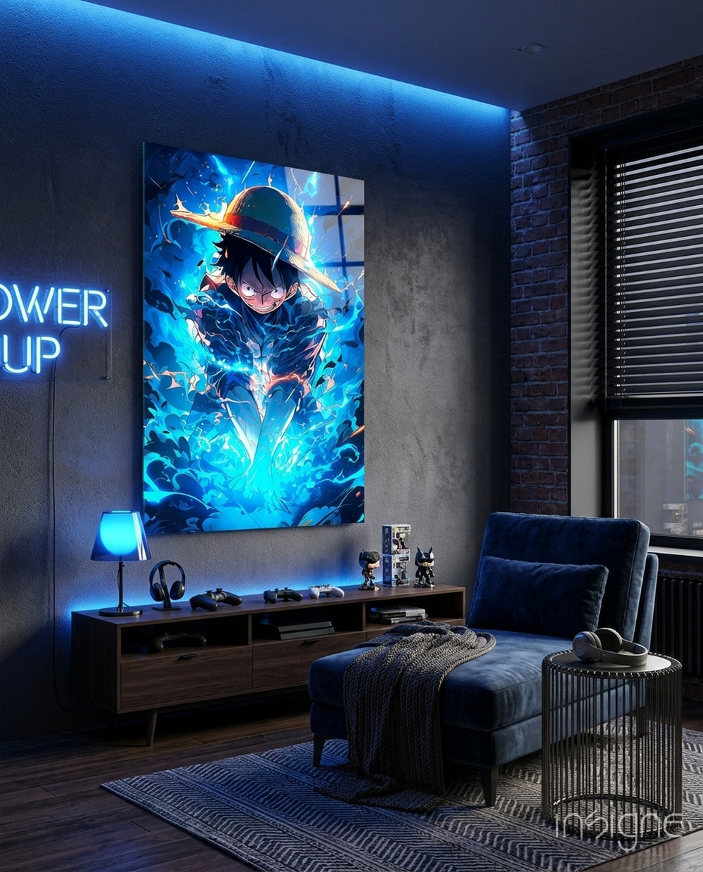 Luffy Blue Lightning Glass Wall Art || Designer Collection - Lifestyle preview in a designer interior