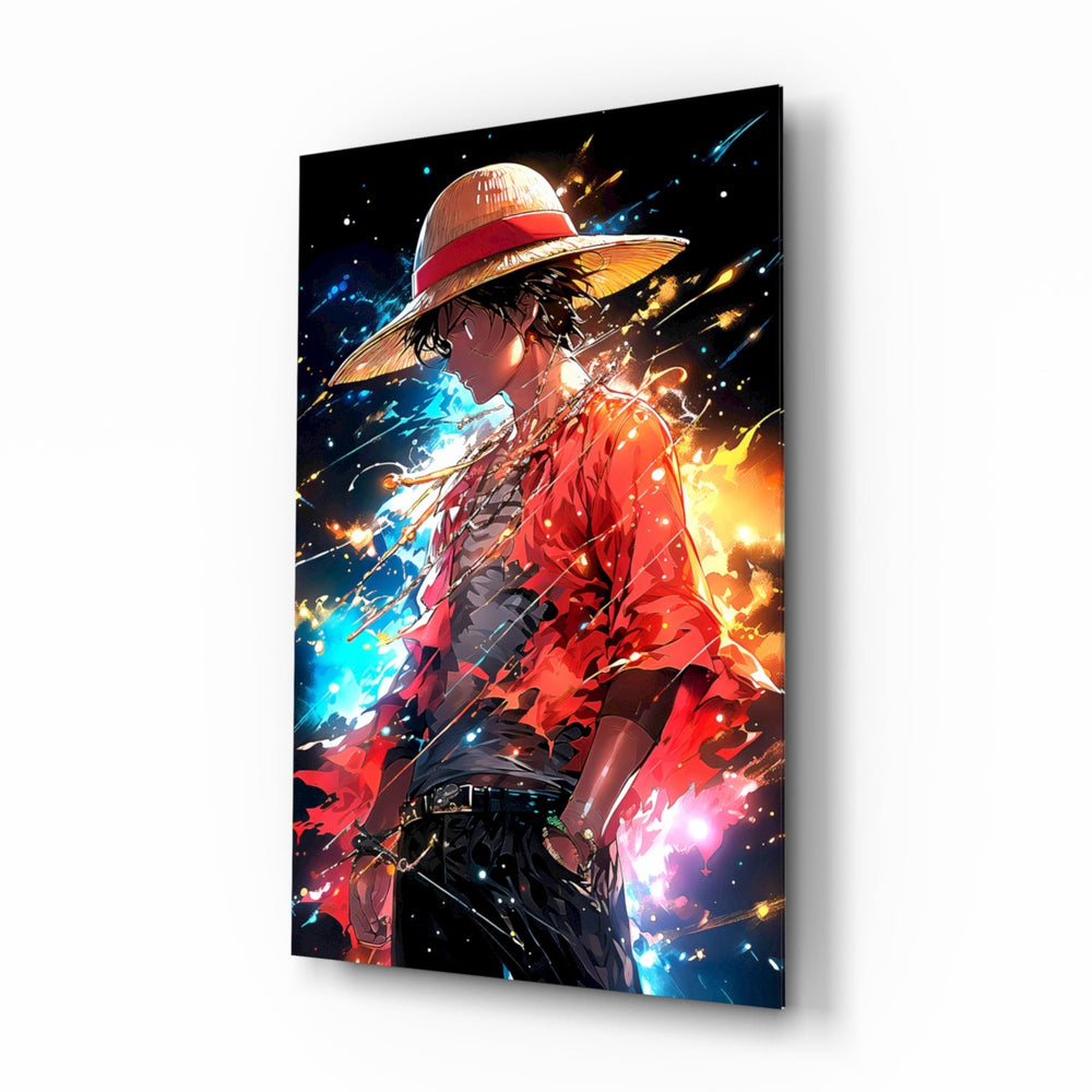 Luffy Mysterious Power anime glass wall art in a modern teen's bedroom