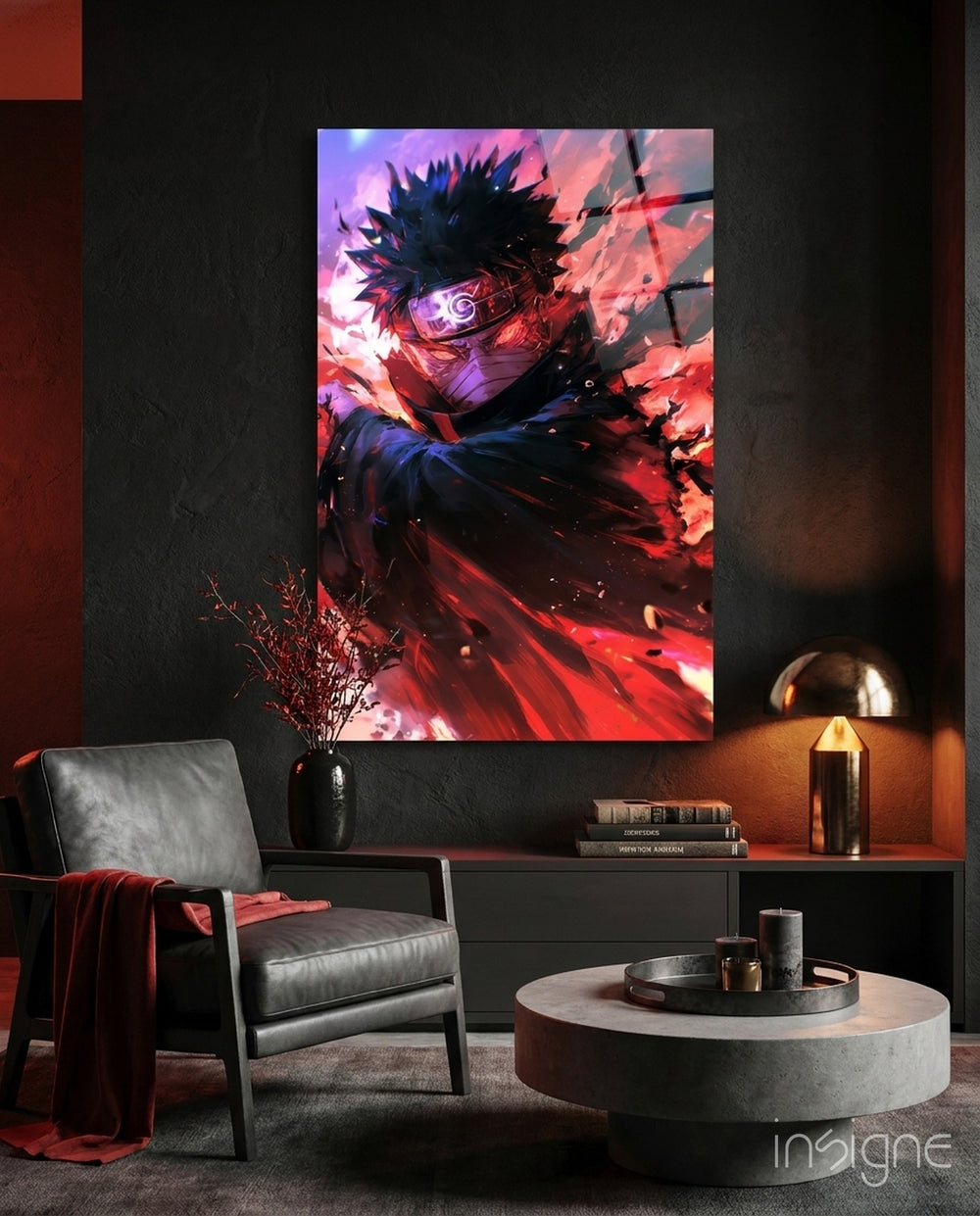 Obito: Rage of the Sharingan Glass Wall Art || Designer Collection - Lifestyle preview in a designer interior