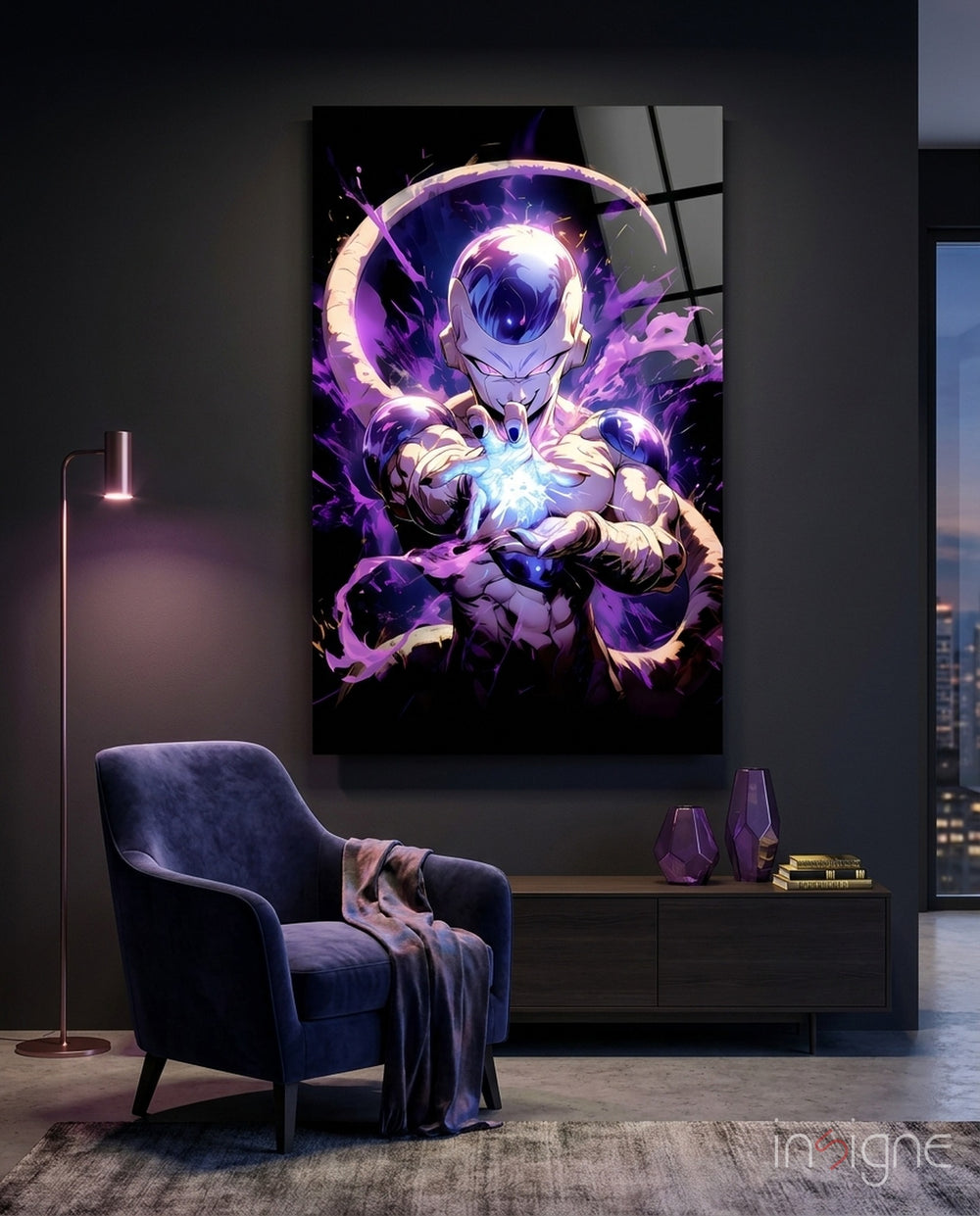 Frieza Purple Power Glass Wall Art || Designer Collection - Lifestyle preview in a designer interior