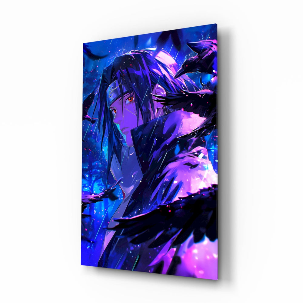Itachi Shadow of Ravens anime glass wall art in a modern teen's bedroom