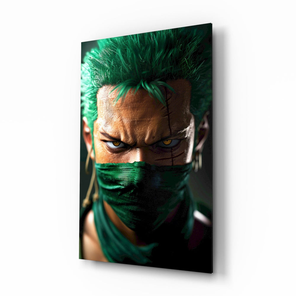 Swordsman Zoro anime glass wall art in a modern teen's bedroom