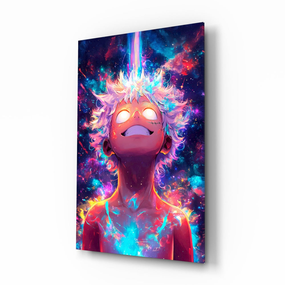 Cosmic Luffy anime glass wall art in a modern teen's bedroom