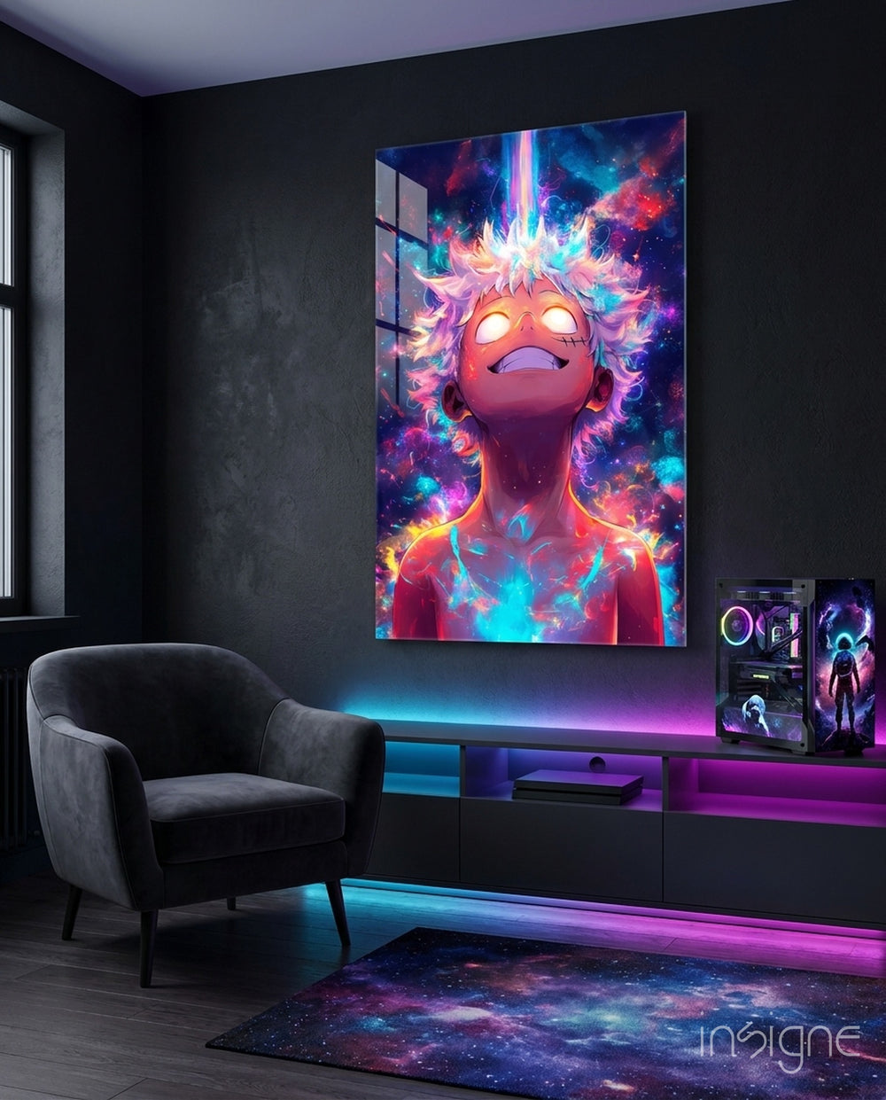 Cosmic Monkey D. Luffy Glass Wall Art || Designer Collection - Lifestyle preview in a designer interior