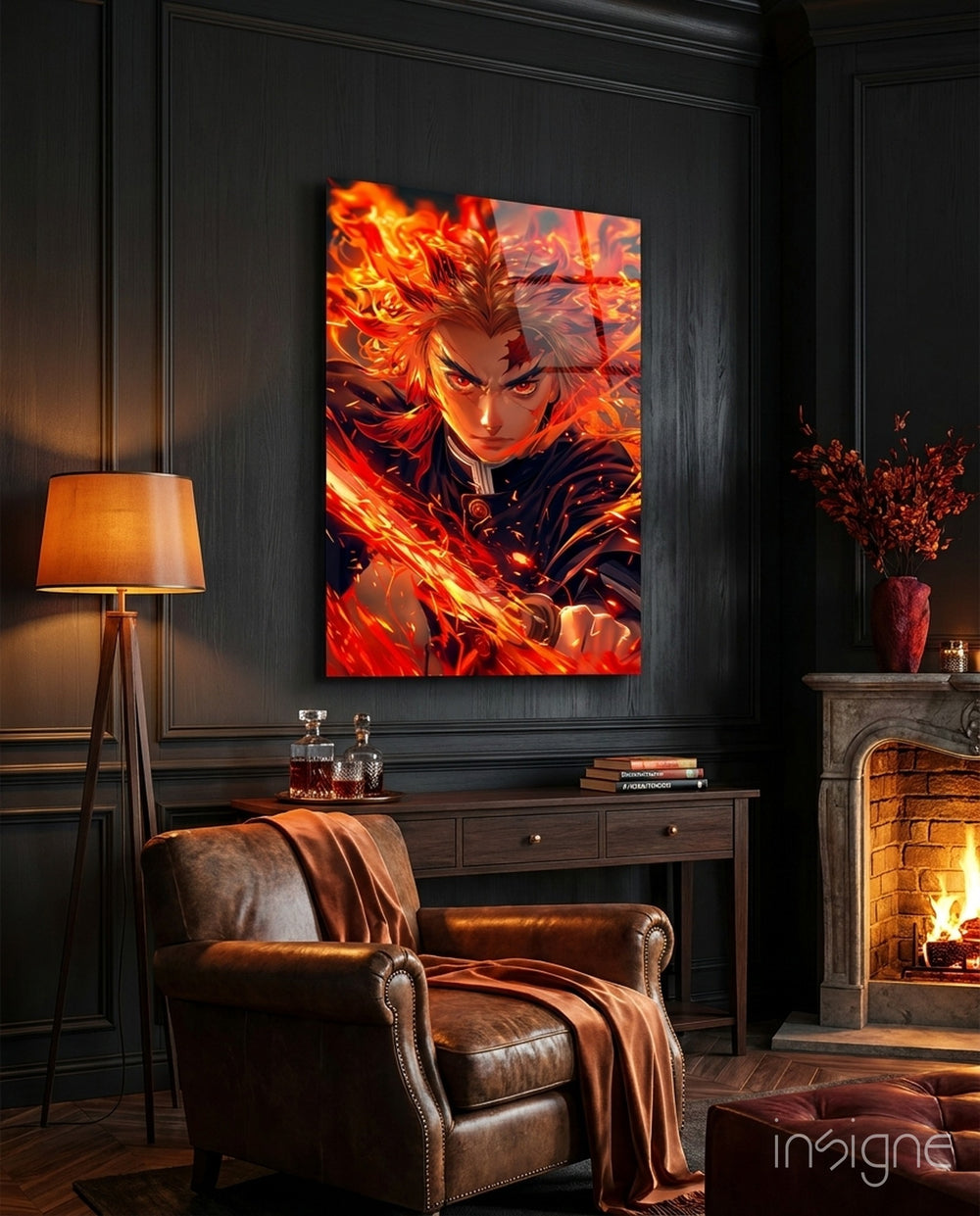 Flame Hashira Kyojuro Rengoku Glass Wall Art || Designer Collection - Lifestyle preview in a designer interior