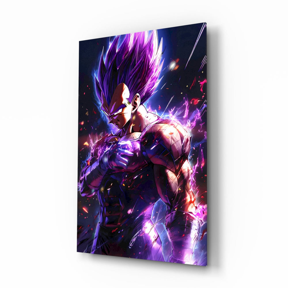 Ultra Ego Vegeta anime glass wall art in a modern teen's bedroom