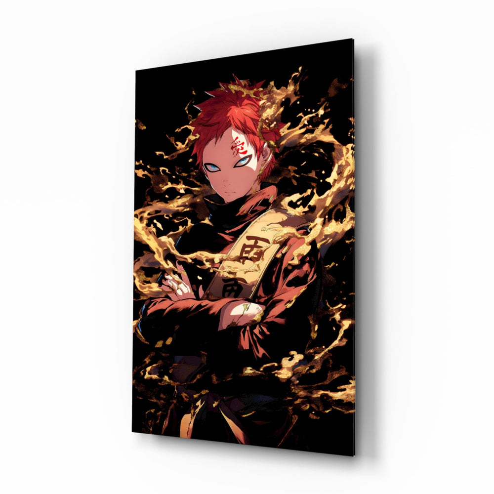Sand King Gaara anime glass wall art in a modern teen's bedroom