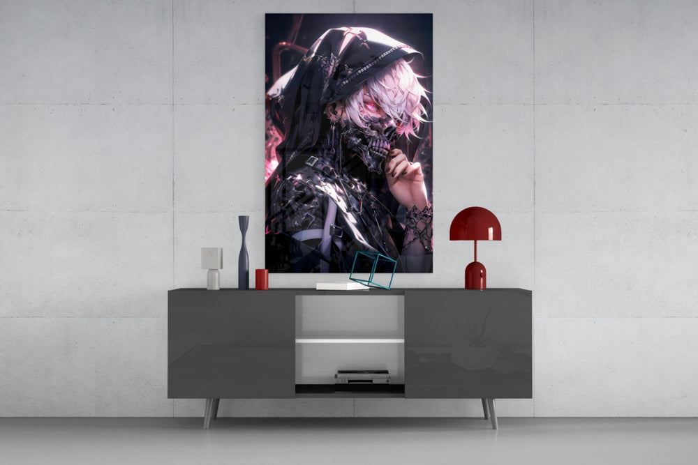 Shadow Queen glass wall art catching light to reveal its painted chrome detail