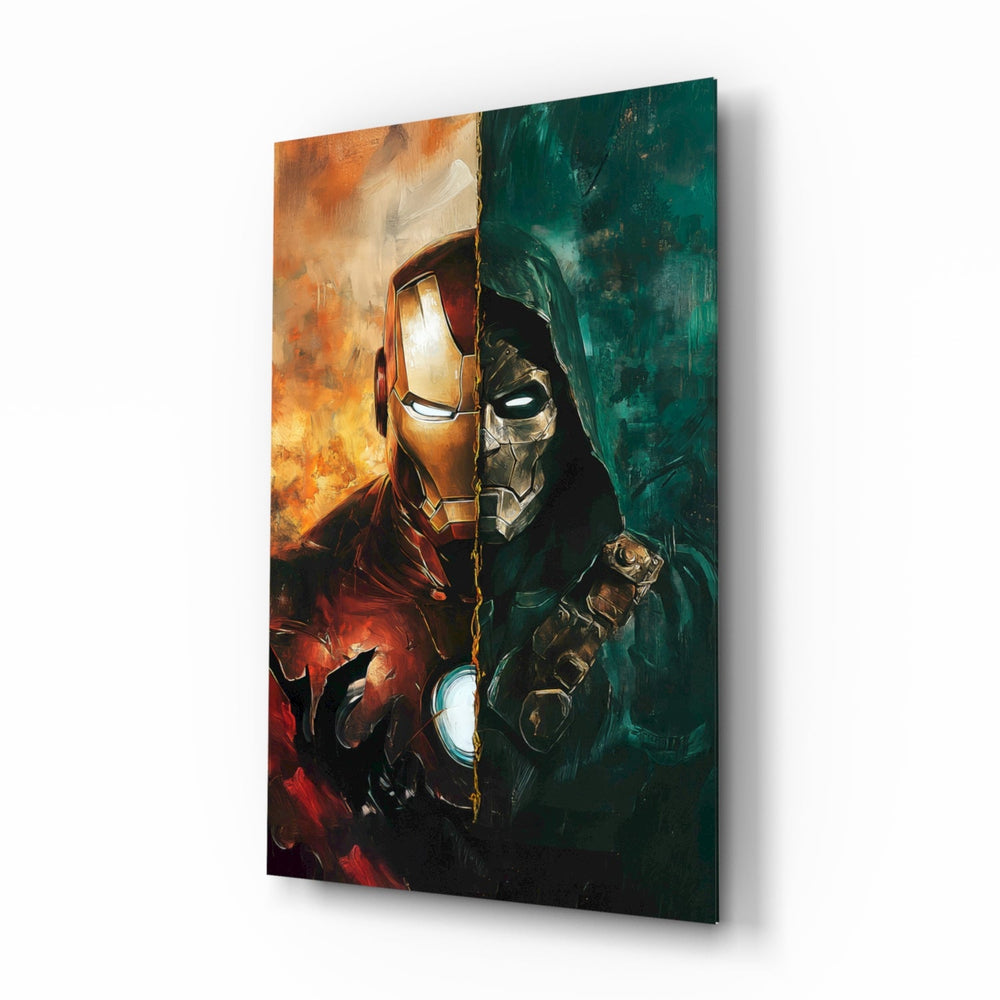 Iron Man and Doctor Doom glass wall art in a modern comic-fan den