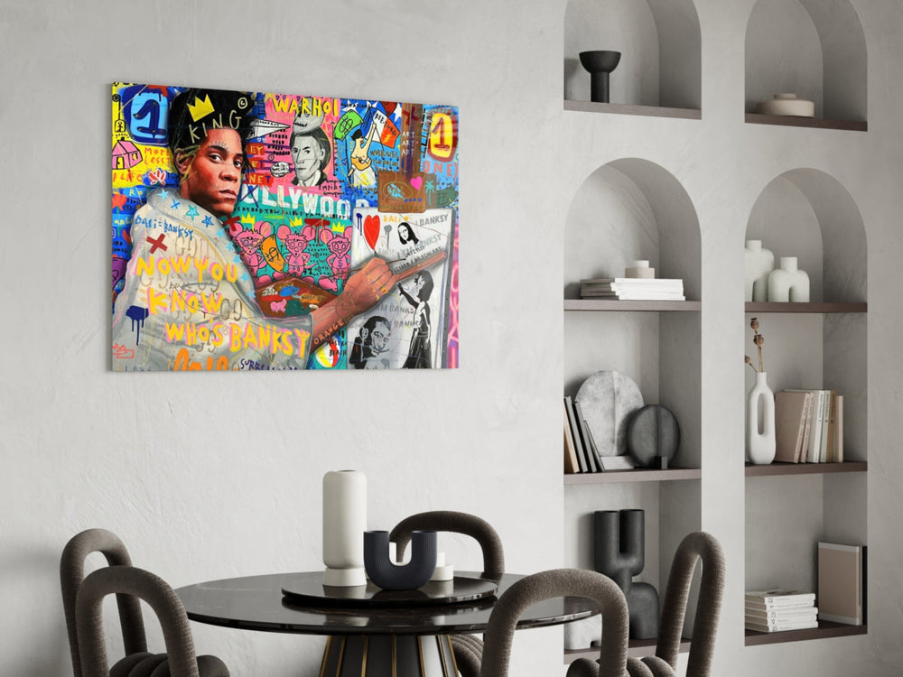 Pop-graffiti glass print bringing street-art edge to an art-collector's office