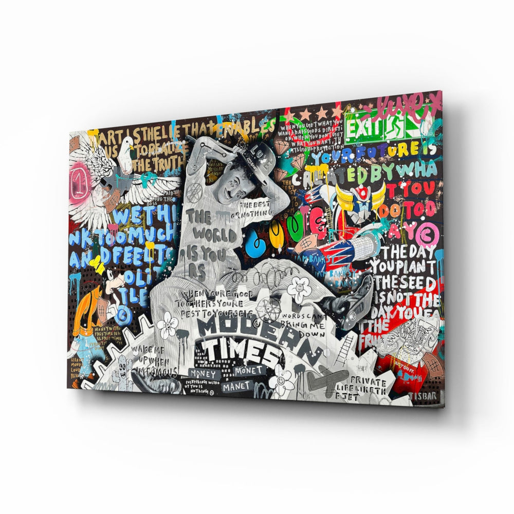 Modern Times pop-graffiti glass wall art in a modern creative studio