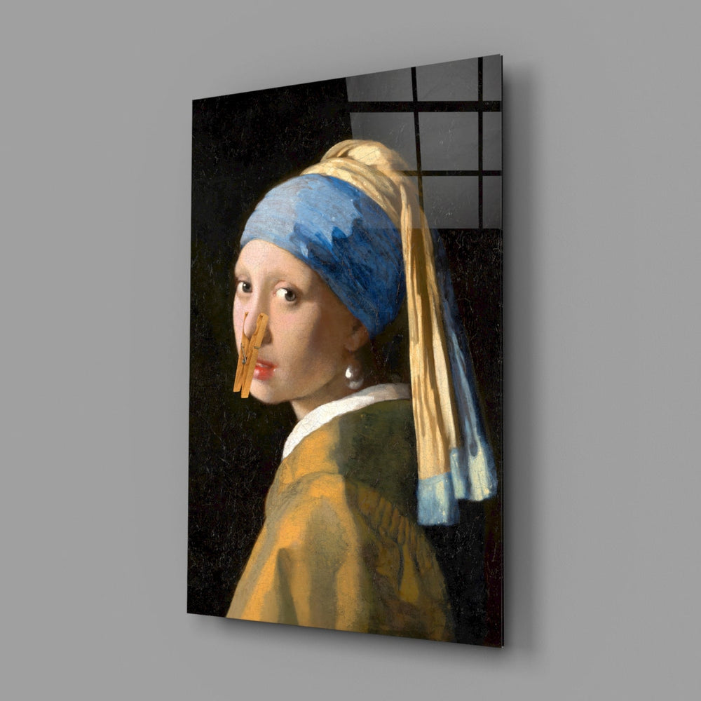 Designer-collection art-history panel anchoring a powder-room wall