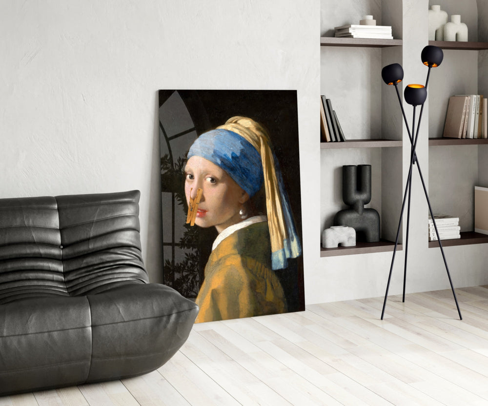 Art-history glass print bringing wry edge to a guest washroom