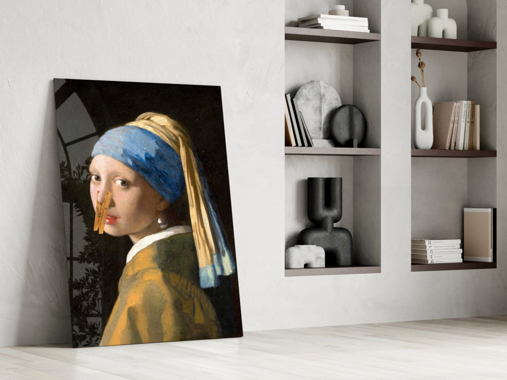 Vermeer parody panel against a moody dark-painted accent wall