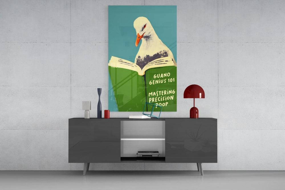 Seagull Science glass wall art catching light to reveal its painted plumage