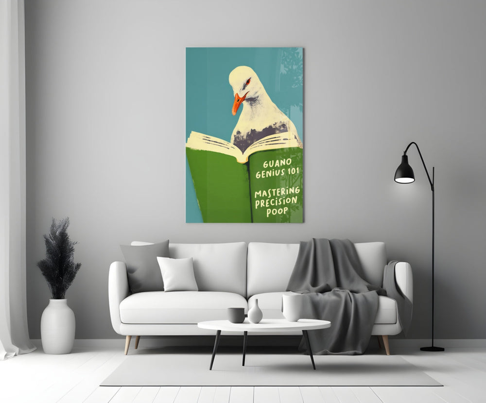 Close-up detail of seagull reading green textbook behind glass