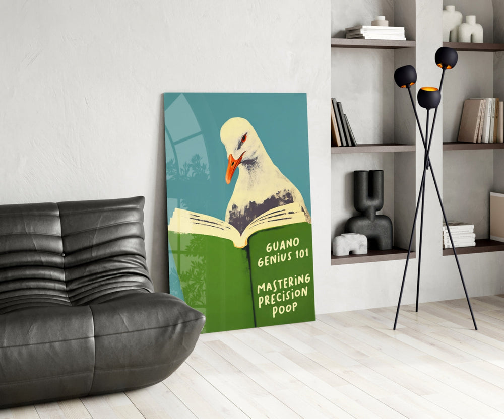 Coastal humor glass print bringing wry edge to a beach-house washroom