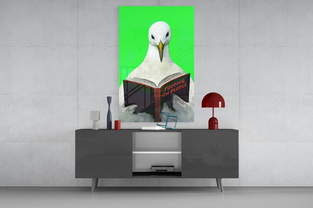 Educated Seagull glass wall art catching light to reveal its painted plumage