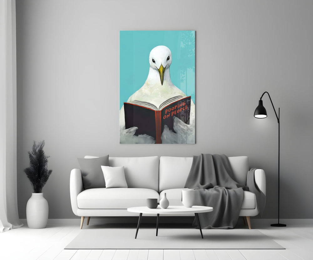 Close-up detail of seagull reading navy textbook behind glass