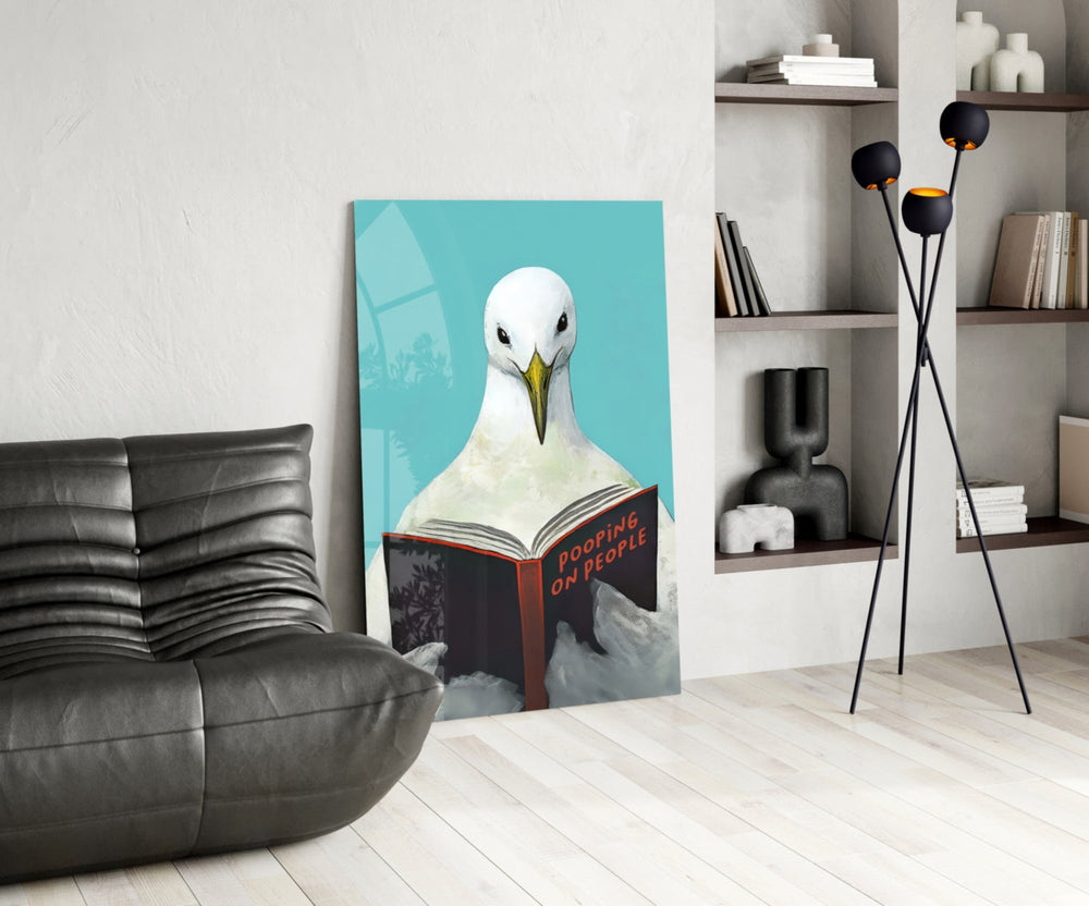 Coastal humor glass print bringing teal edge to a beach-house washroom