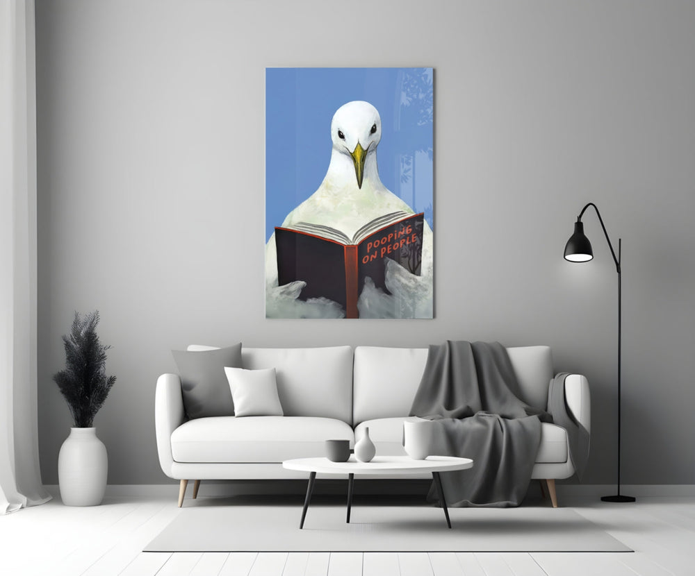 Close-up detail of seagull reading navy textbook behind glass