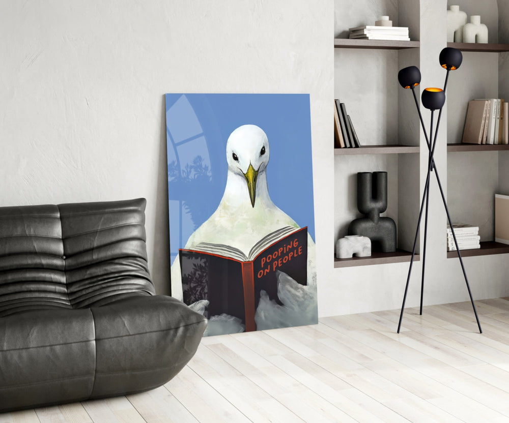 Coastal humor glass print bringing cobalt edge to a beach-house washroom